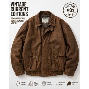 Vintage Current Editions Brown Leather Bomber Jacket Mens L Distressed Heavy